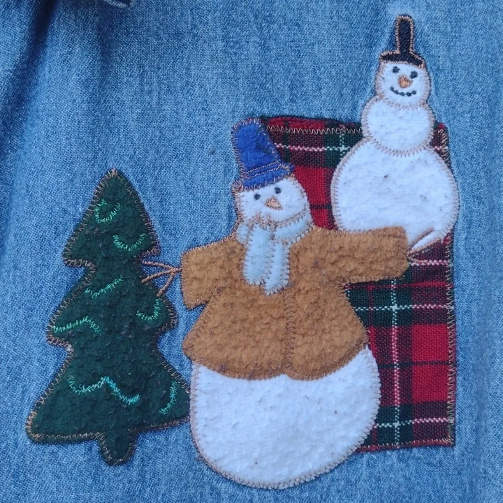 Holiday Editions Blue Chambray Christmas Snowmen Felt Applique Shirt Women's 2X - Picture 5 of 9